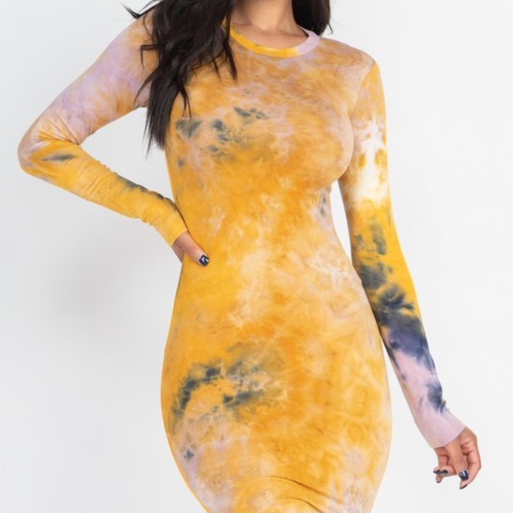 Tie-Dye Basic Long Sleeve Bodycon Dress - Picture 3 of 7